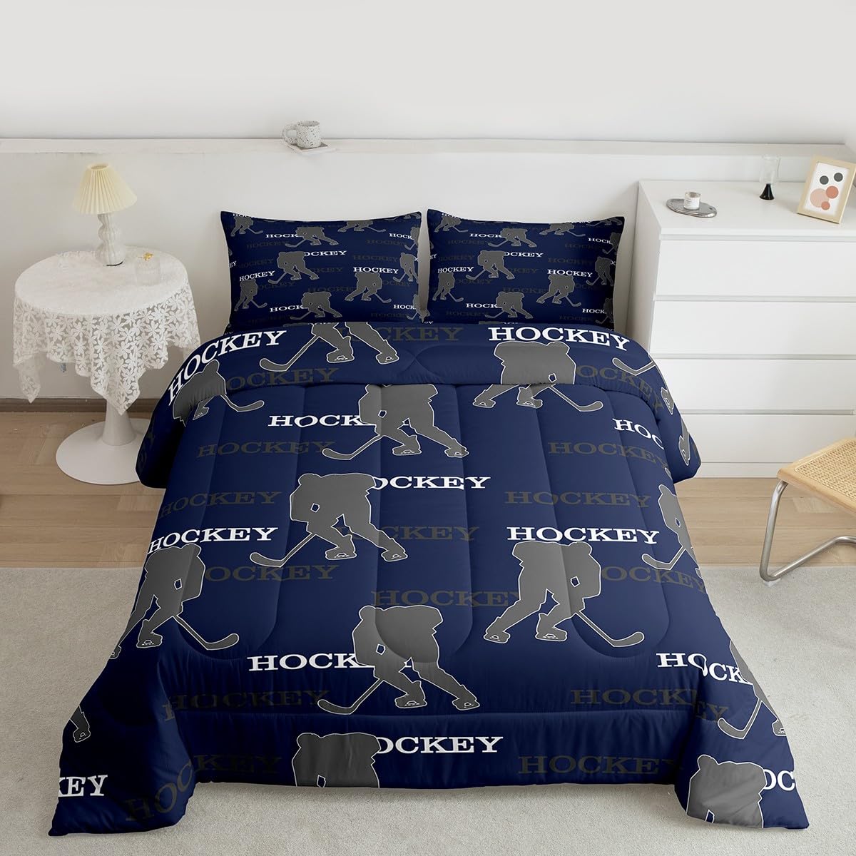Manfei Hockey Players Kids Comforter Set Queen Size, Bedding Set,Girls Boys Room Decor,Competitive Games Teamwork Quilt Comforter,Dark Blue Gray Duvet Set Bedroom Quilt Set,2 Pillowcases