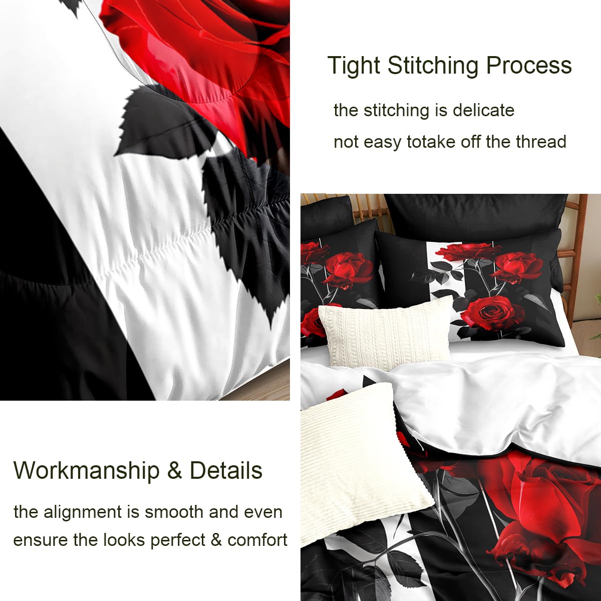 CCoutueChen Rose Comforter Set King Black Red Bedding Set Striped Floral Bedding for Women Aesthetic Comforter with 2 Pillowcases, Ultra Soft Lightweight 3Pieces