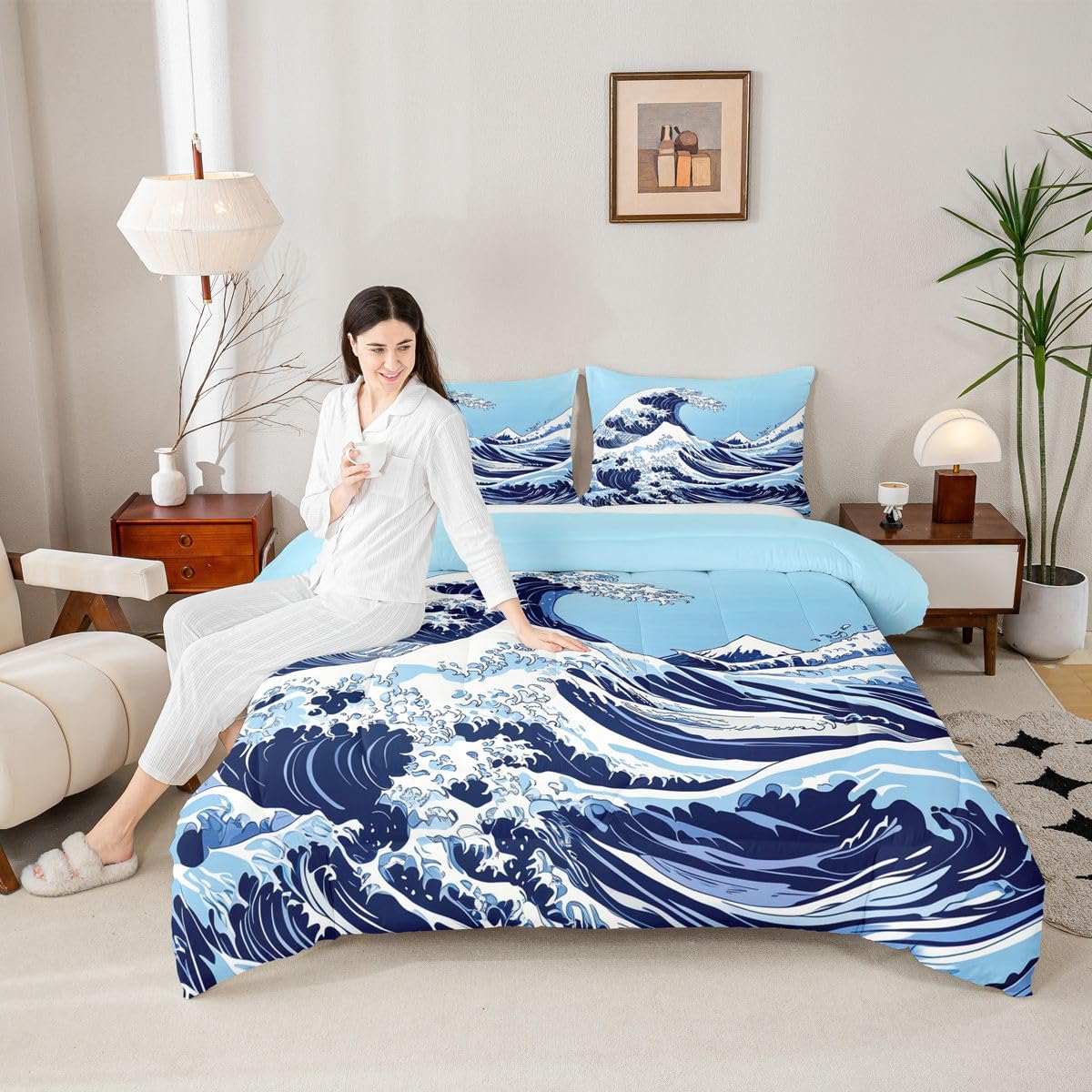 jejeloiu Wave Comforter Set All Season Ocean Wave Bedding Set with 2 Pillow Cases Abstract Microfiber Kids Queen Bedclothes Japanese Style Bedroom Decor Duvet Quilt Breathable Soft Lightweight