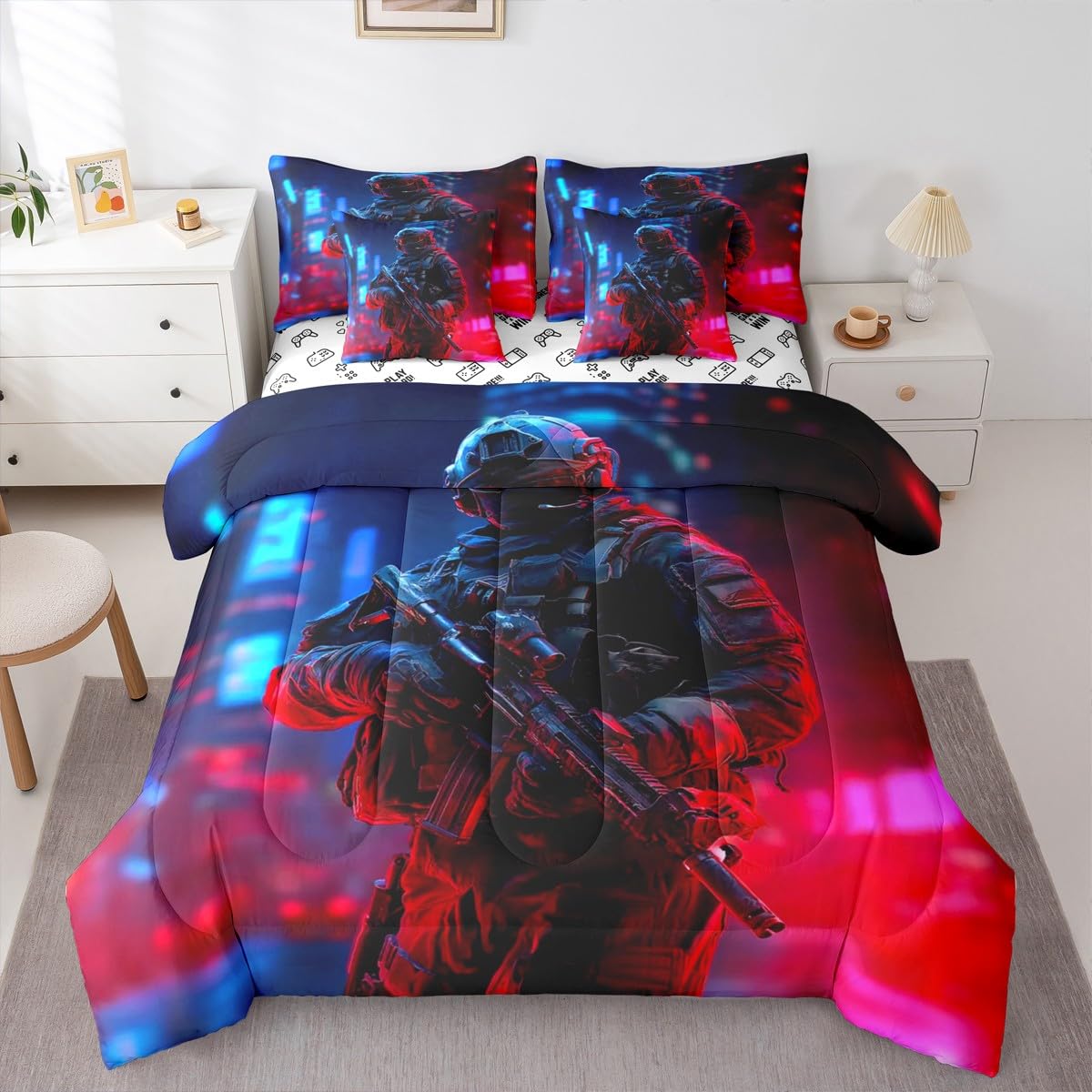 jejeloiu Soldier Comforter Set Twin Size 7 Pieces Army Rifle Machine Gun Bedding Set for Kids Boys Girls Military Themed Bed in a Bag Bedroom Decor All Season Quilted Breathable Soft Lightweight