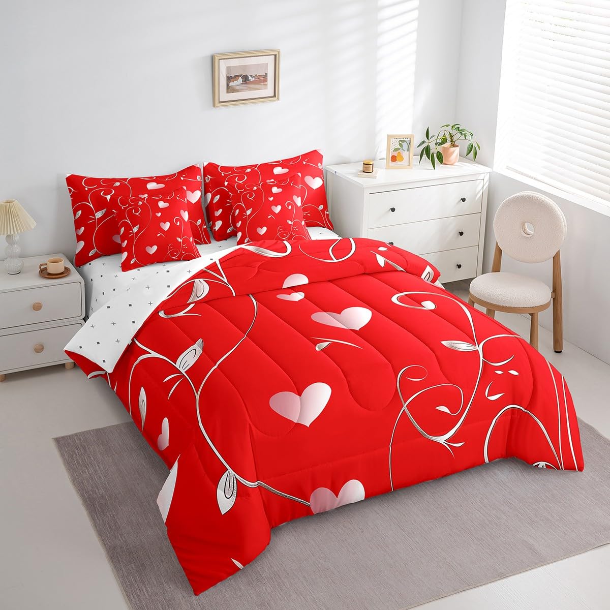 Erosebridal Valentine Day Queen 7 Piece Comforter Set with Sheets - Coquette Romantic Love Bedding Sets with Fitted + Flat Sheet, Pillowcases for Kids Girls Women Couples Valentines Bedroom Decor