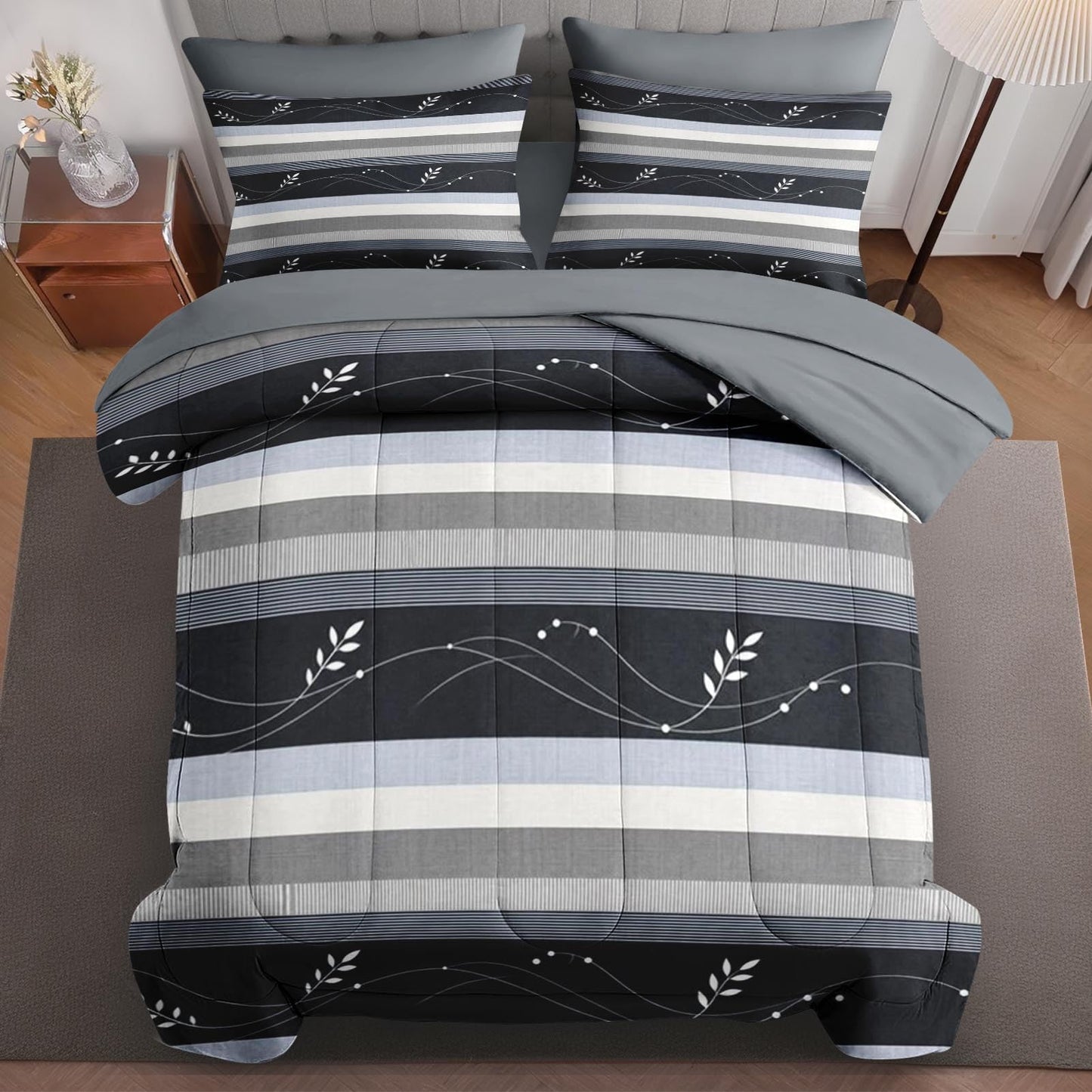 Boewywh Comforter Set Twin Size Striped Leaf Farmhouse 7 Pcs, Bedding for Kids and Adults, Bed Sheet Sets with Fitted Sheet 2 Pillowcases & 2 Shams for Bedroom Bed Decor