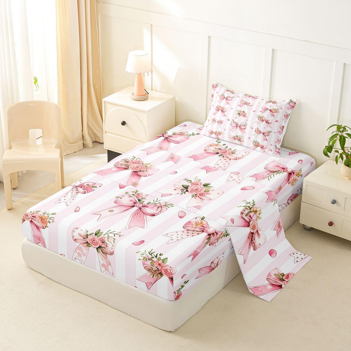 Erosebridal Kawaii Cute Bow Sheet Set Cartoon Bowknot Flowers Boho Twin Sheets Set for Young Boys,Pink White Geometric Stripes Bohemian Floral Bow Tie Fitted Sheet