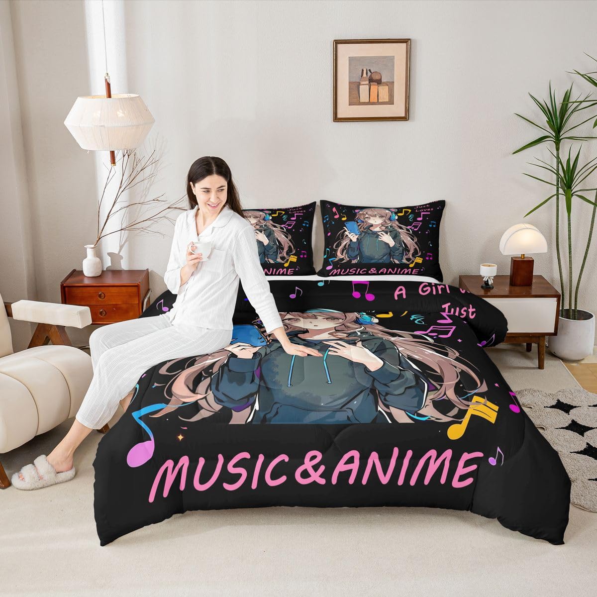 Erosebridal Pink Anime Girl Twin Bedding Set,Music Note Comforter Set Anime Gifts for Kids Teen Girls,Musical Themed Quilt Bed Set Japanese Anime Bedding Comforter Sets,1 Pillowcase Room Decor