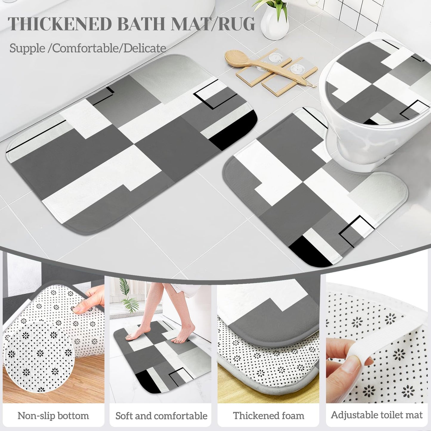 KINUUIS 4 Pcs Black Geometric Bathroom Shower Curtain Sets with with Toilet Lid Cover and Non-Slip Rugs, Black Modern Abstract Bathroom Decor Sets with Shower Curtain and Rugs for Bathroom