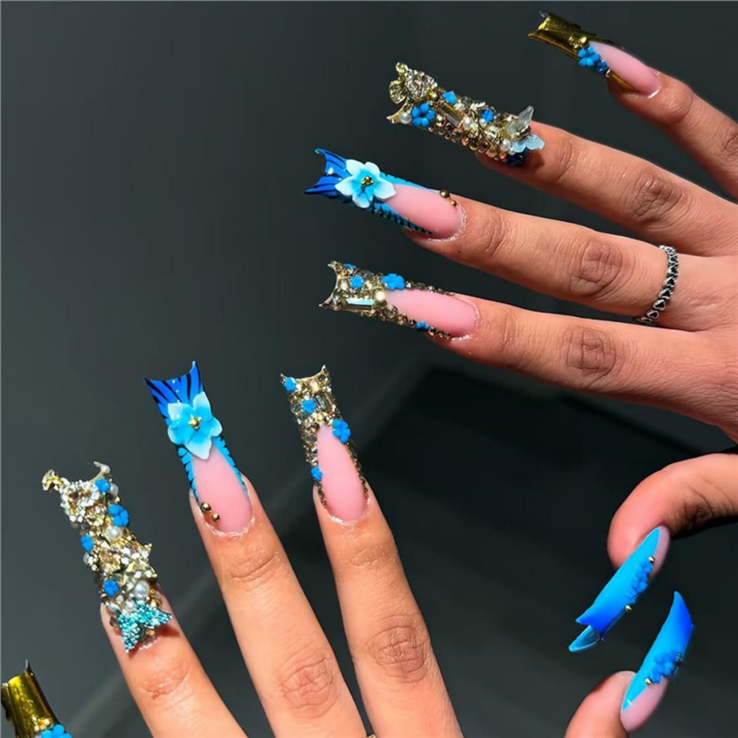 SEENEEY Press on Nails Square Long Fake Nails Blue Extra Long Nail Press Ons with Flowers Designs Artificial Stick on Nail for Women 24pcs