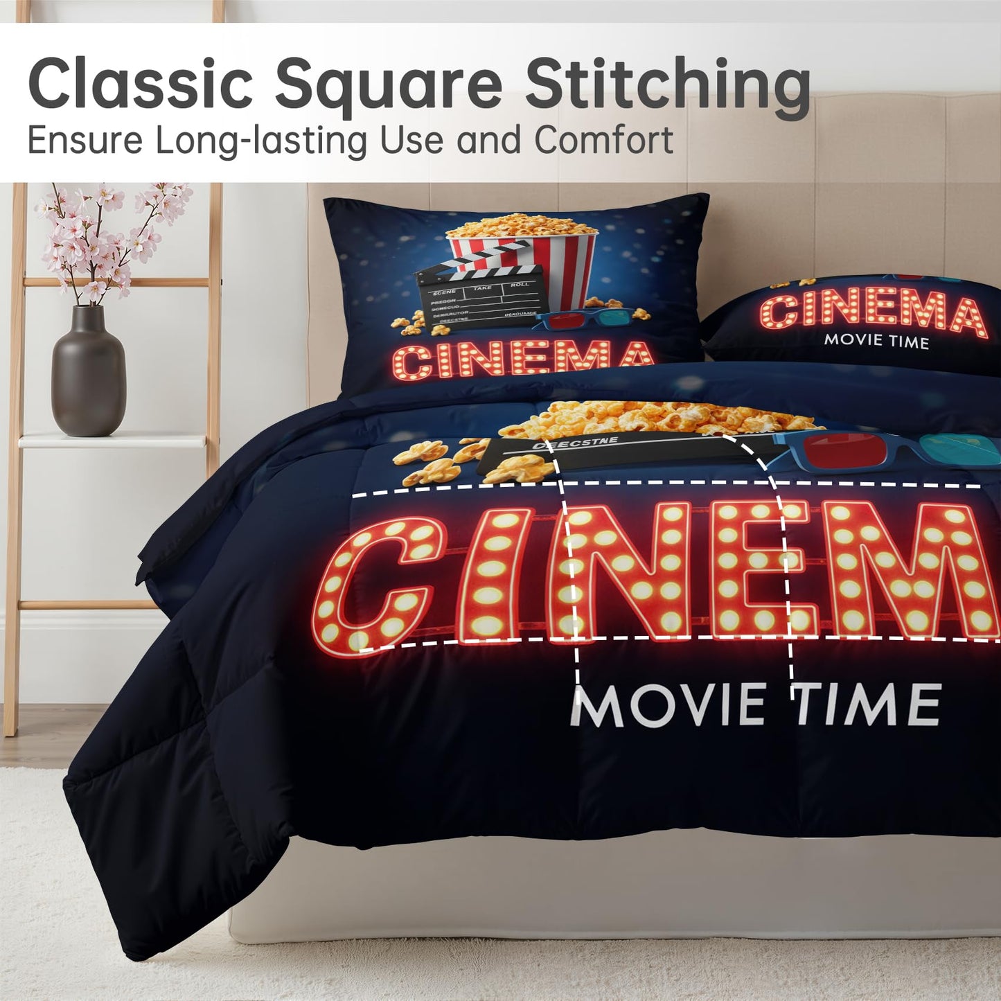 Movie Theater Comforter Set Twin Size 2 Pcs - All Season Comforter & Pillowcase, Popcorn Cinema Bedding Set, Soft Lightweight Down Alternative Duvet Insert, Clapperboard Bedroom Decor