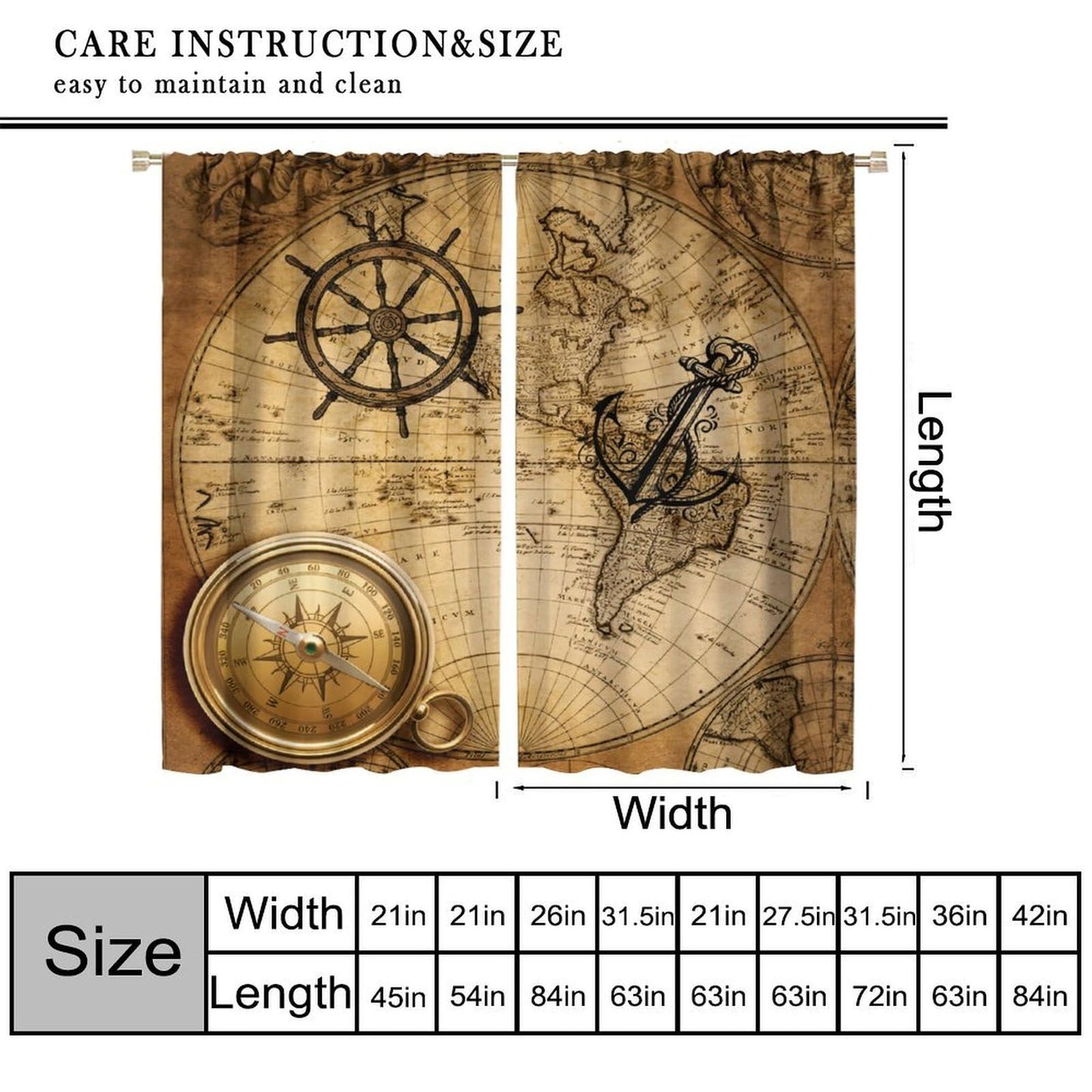 Nanacur World Map Curtains, Vintage Rustic Farmhouse Middle Ages Old Sea Map Nautical Ocean Theme Window Drapes for Bedroom Living Room 41" W X 45" L (No Blackout)