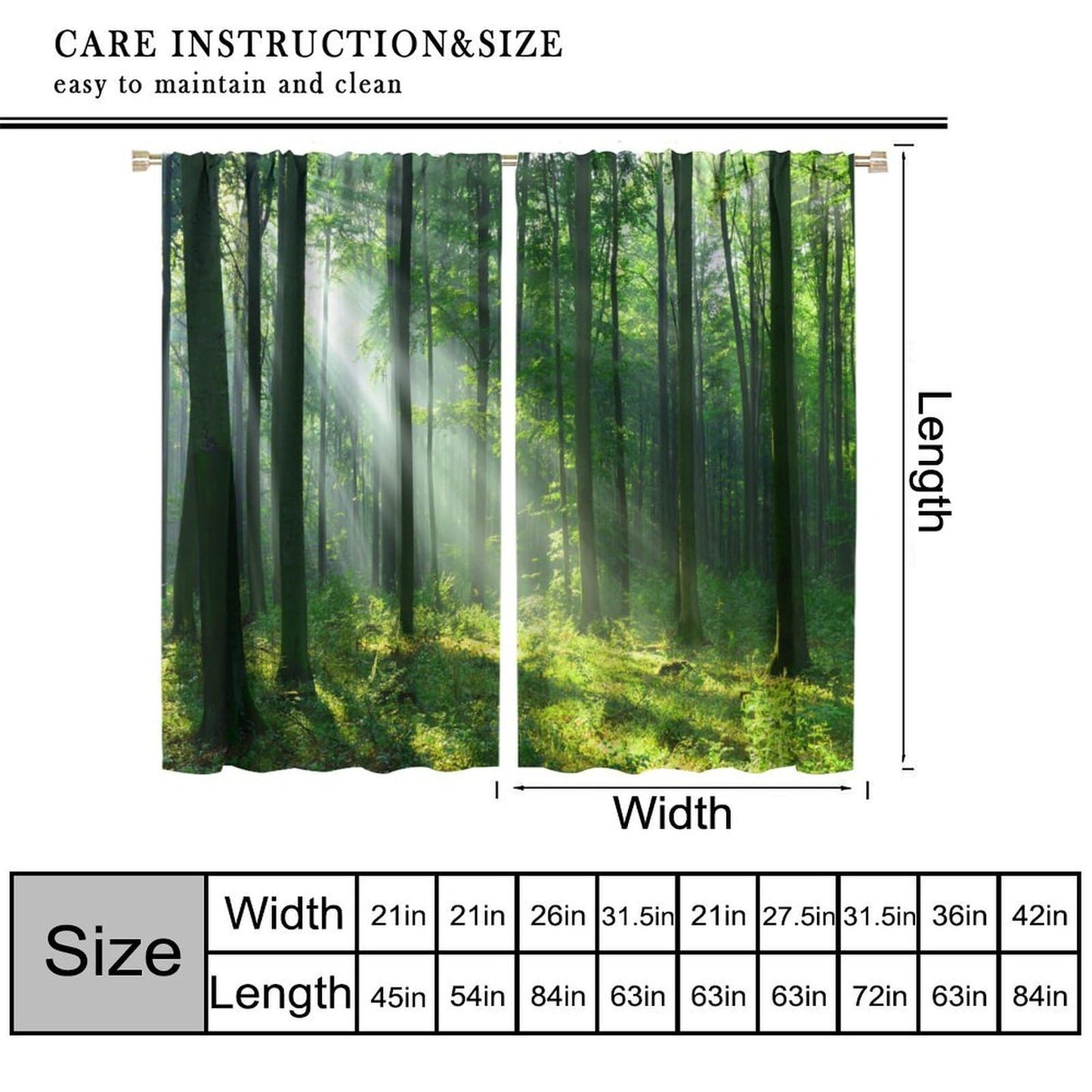 Green Misty Forest Curtains Nature Sunshine Sunlight Through Trees Leaves Natural Forest Woodland Landscape for Bedroom Living Room Rod Pocket Decoration Window Drapes 2 Panels W21xL63i W21xL45in