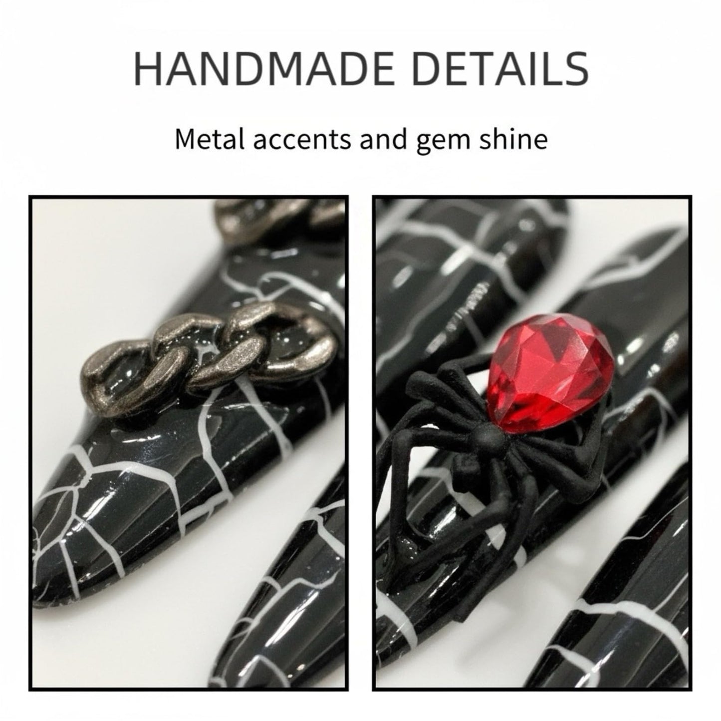 Tesytto Gothic Press on Nails Long Almond - Edgy Black Cracked Nail Art with 3D Spider & Snake Charms, Multi-Layer Gel Reusable Acrylic Nails for Halloween (Nightfall Nymph,M)