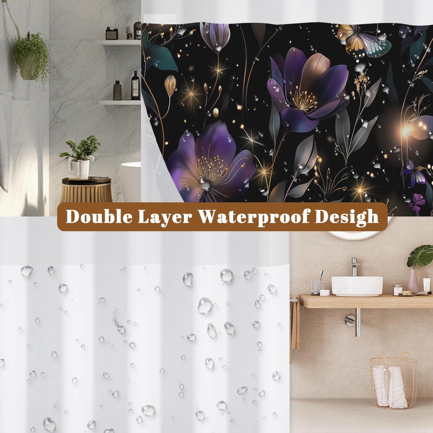 Xiazhilaio Dark Floral Bath Shower Curtain with Snap in Liner, 71x74 Inch
