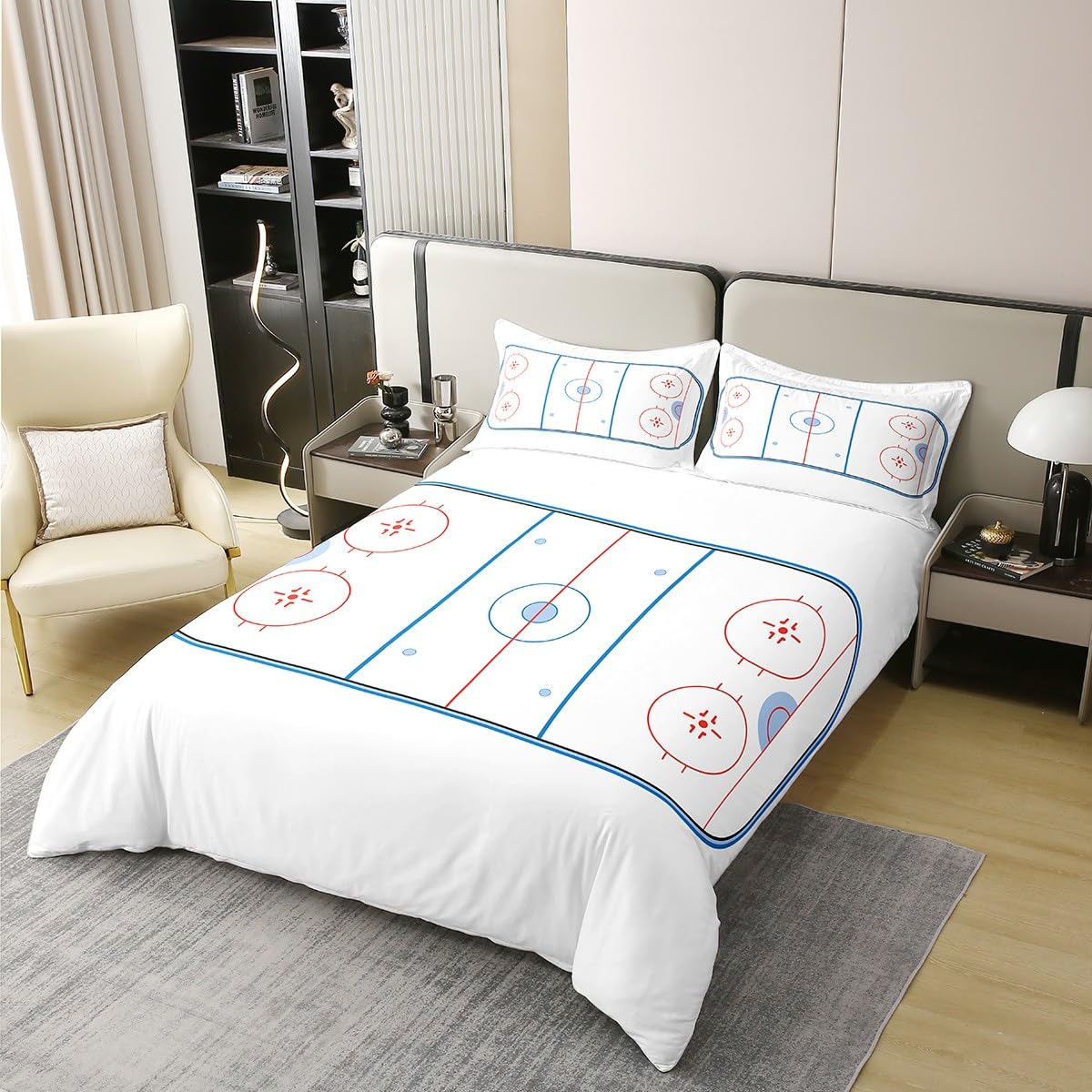 Erosebridal Hockey 100% Cotton Duvet Cover Twin Size,Ice Puck Hockey Rink Bedding Set for Boys Kids Teens,Winter Sport Game Comforter Cover,Red Blue Stripes Decor Bedspread Cover with 1 Pillow Case