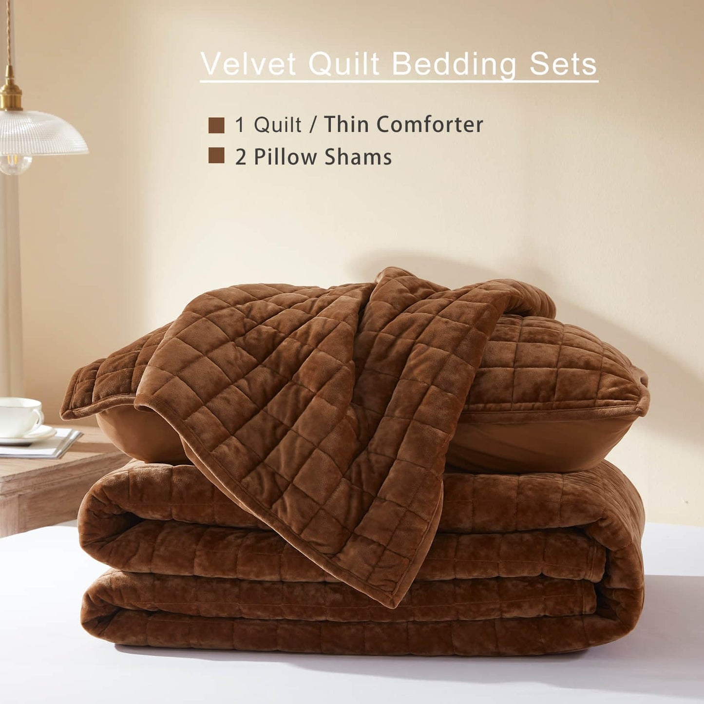 LEAONME Velvet Quilt California King-118''x106'', Lightweight Caramel Velvet Comforter Set with 2 Pillow Shams, Soft Oversized Bedspread Coverlet Quilted Bedding Set for All Season