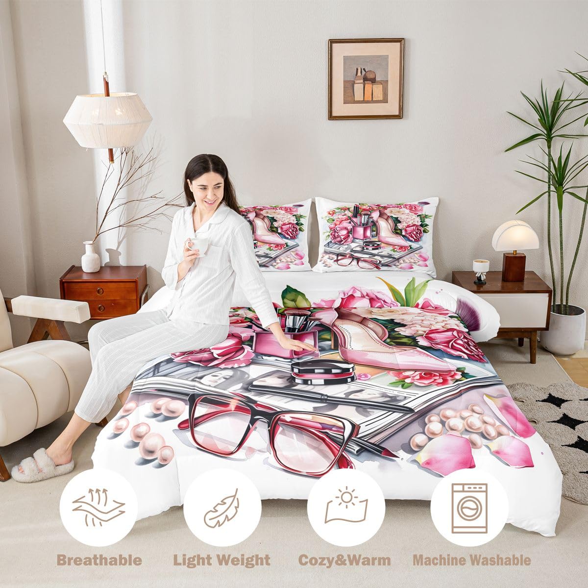 Erosebridal Pink High Heel Comforter Set Romantic Rose Floral Twin Bedding Sets for Girls Young Boys Beauty Perfume Girly Comforter Modern Fashion Quilt