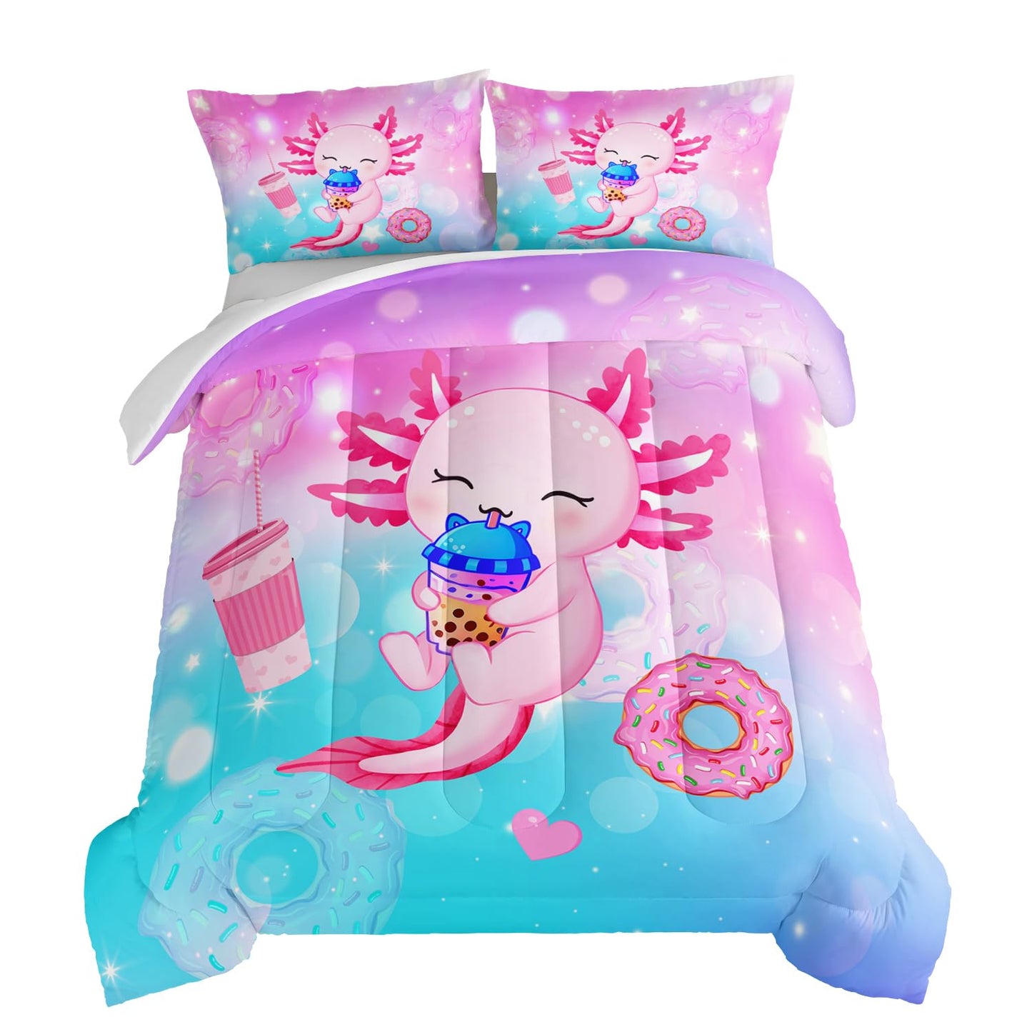 HOSIMA Axolotl Comforter Full Size Cute Animal Bedding Room Decor for Teen Girls Dessert Milk Tea Donut Bed Princess Toddler Bedding Set Fantasy Blue Purple Full Size Bed in a Bag for Adults Kids.
