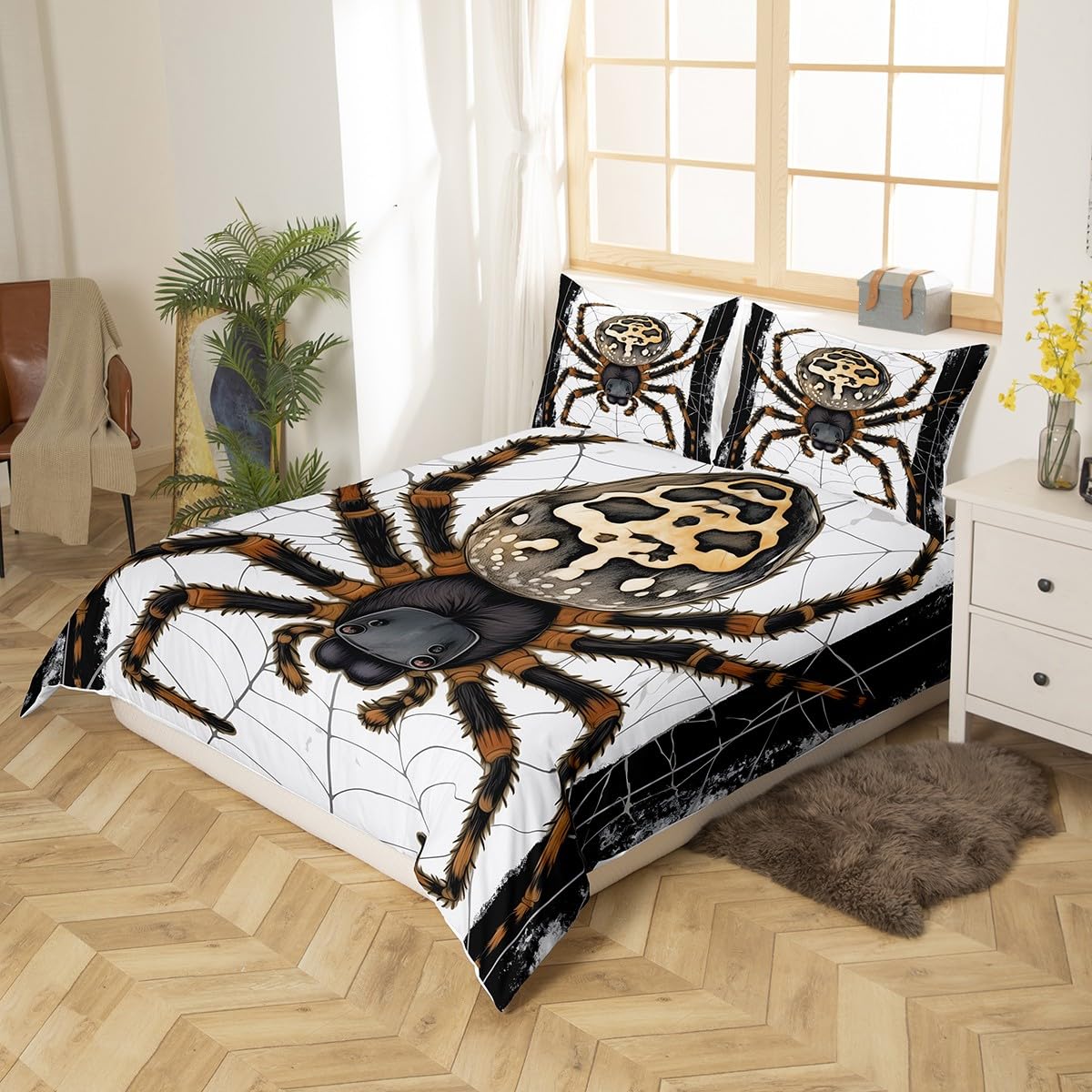 Feelyou Halloween Themed Bedding Set Queen Size Kids Spider Print Comforter Cover Set for Boys Girls Teens Animal Print Duvet Cover Spider Web Bedspread Cover（No Comforter