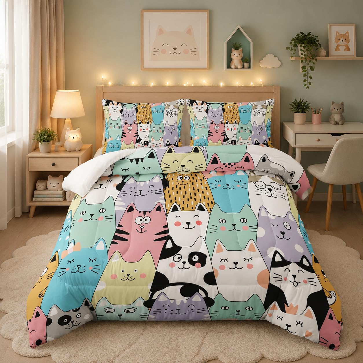 Tuzaovy Queen Cat Comforter Set for Girls - Kawaii Queen Size Bedding, Cute Comforter Set for Teen Girls