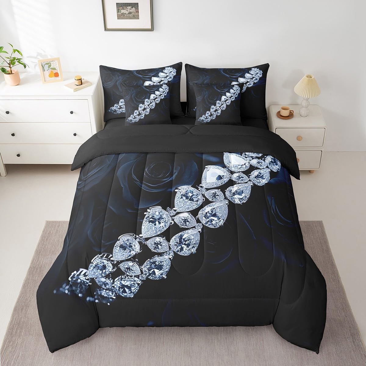 Erosebridal Romantic Rose Comforter Set 7 Piece Bed in a Bag Twin,Luxury Diamond Bedding Sets Botanical Floral Comforter and Sheet Set,Dark Flowers Bed Set