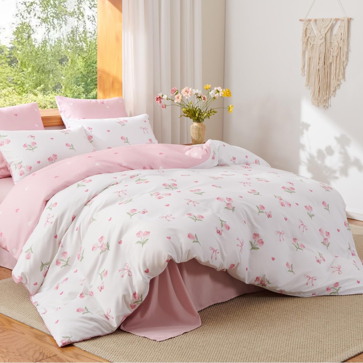 Erwinmu Floral Comforter Set King Size - 3 Pieces Pink White Floral Tulips Bow Comforter Bedding Sets Reversible Pattern,King Bed in a Bag with Flowers Comforter and 2 Pillowcases