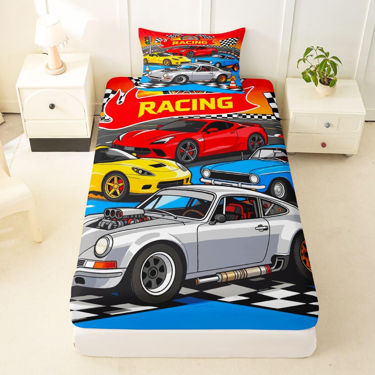 Feelyou Boys Race Car Fitted Sheet with 1 Pillowcase Twin Size Speed Sports Car Bed Sheets Set 16" Deep Pocket Boys Girls Racing Extreme Sports Bedding Teens Bedroom Decor Breathable Soft Lightweight