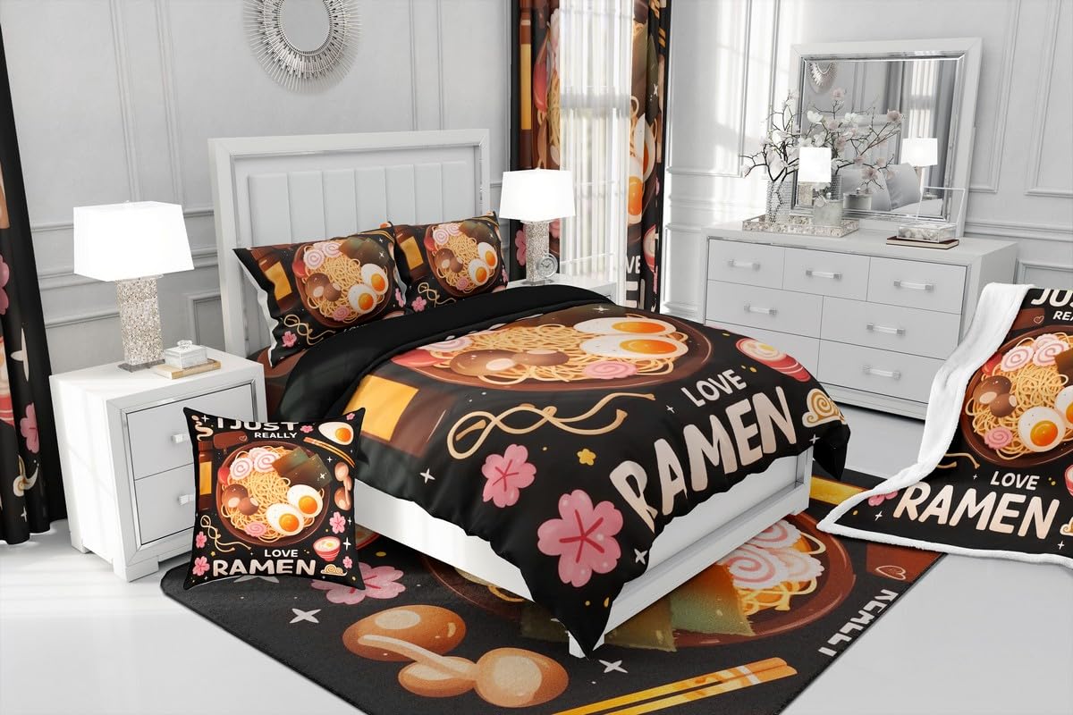 Erosebridal Ramen Noodle Queen Bedding Set,Japanese Style Comforter Set Ramen Gifts for Kids Teen Girls Boys,Pink Cherry Blossom Quilt Bed Set Anime Theme Bed Comforter Sets 3Pcs Bedroom Decor