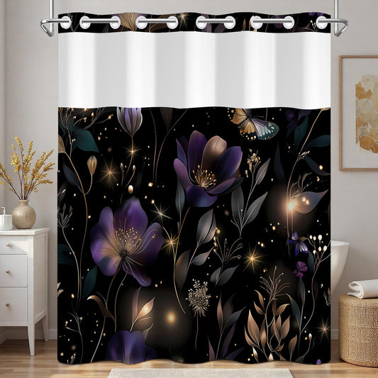 Xiazhilaio Dark Floral Bath Shower Curtain with Snap in Liner, 71x74 Inch