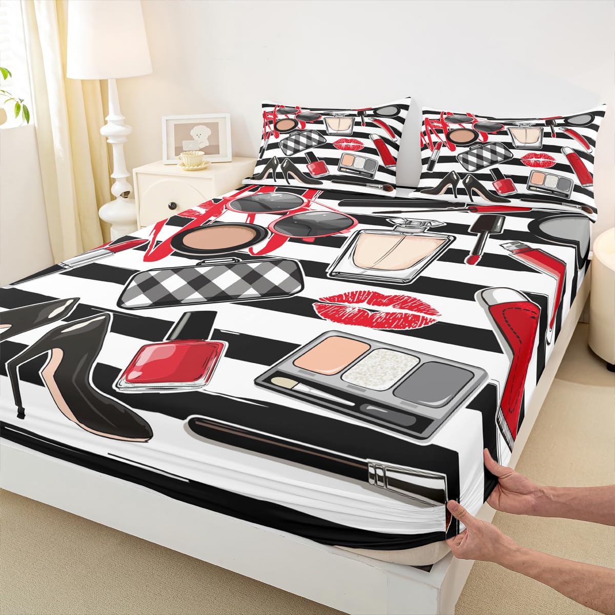 Homewish Makeups Fitted Sheet Queen,Glasses Lipstick Lips Bedding Set 3pcs for Girls Woman Teens Room Decor,Black White Stripes Bed Cover Modern Bed Sheet Set with 2 Pillowcases