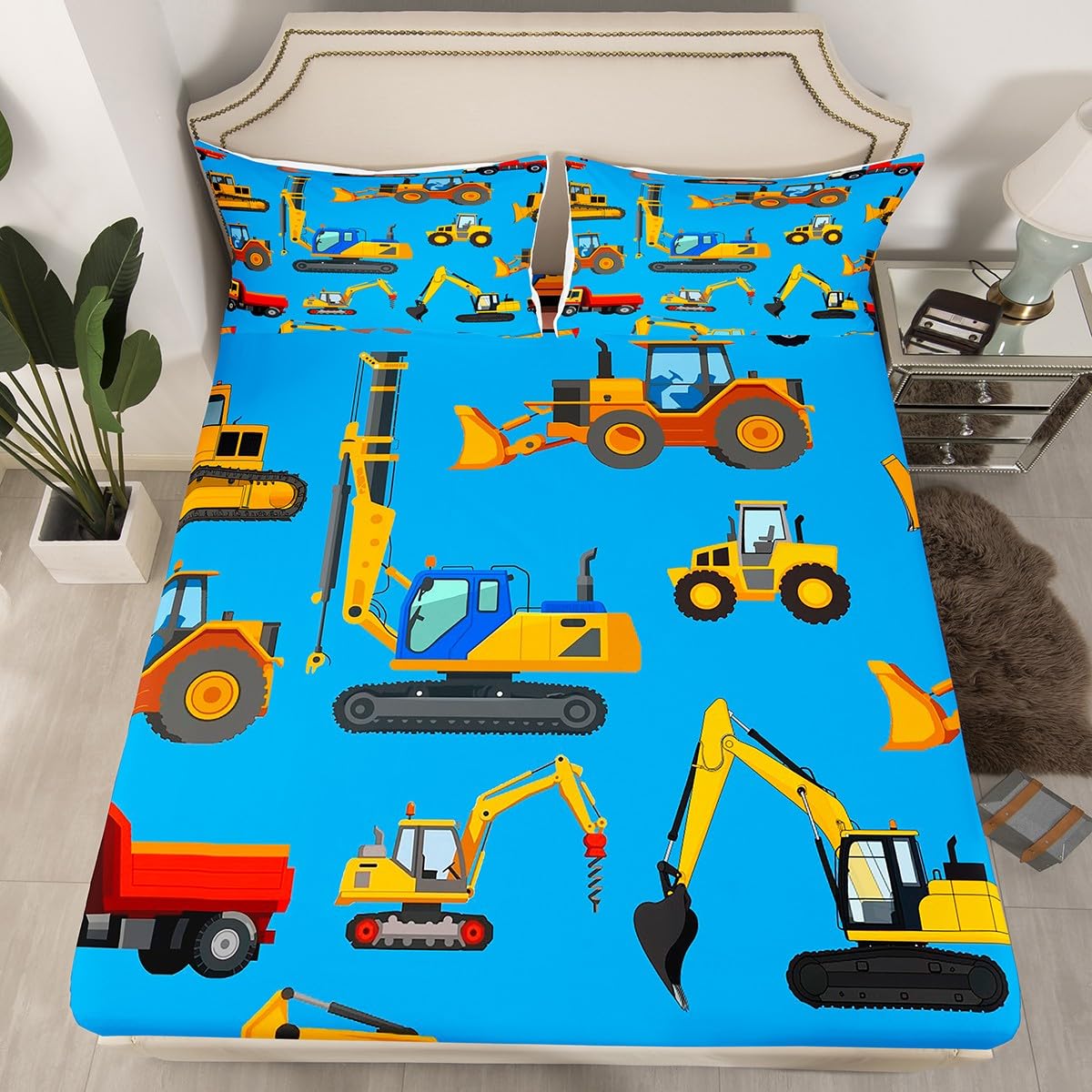 Kids Excavator Bedding Set, Construction Equipment Bed Sheets, Yellow Truck Print Fitted Sheet, Child Boys Girls Tractor Pattern Bedroom 2 Piece Bedding Set with 1 Pillow Sham, Twin Size, Blue