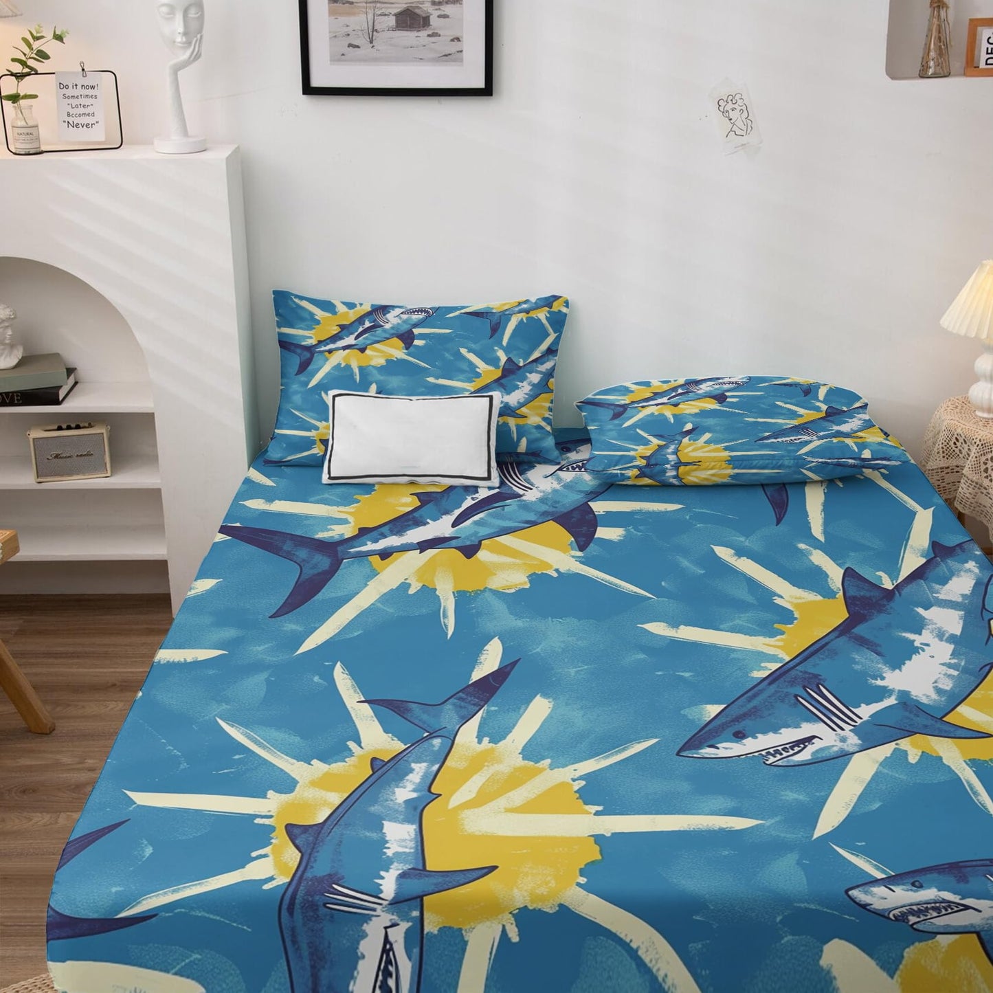 Rejkxyw King Size Sheets Set Blue Shark - Cartoon Sea Life Bed Sheets - Kids Boys Sheet Set - 12 Inch Deep Pocket - Ultra Soft Winkle Free Microfiber Bedding Sheets & Pillowcases 4 Piece