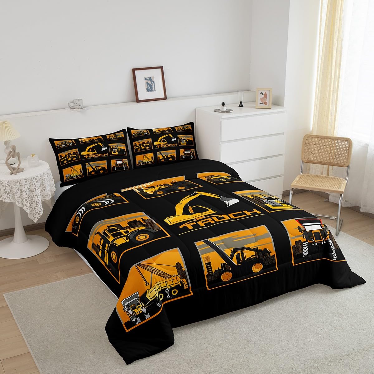 Erosebridal Excavator Comforter Set Queen Tractor Truck Bedding Set Construction Vehicle Down Comforter for Boys Kids Girls Teens Cartoon Heavy Machinery Car Bedding Sets & Collections, Gray Yellow
