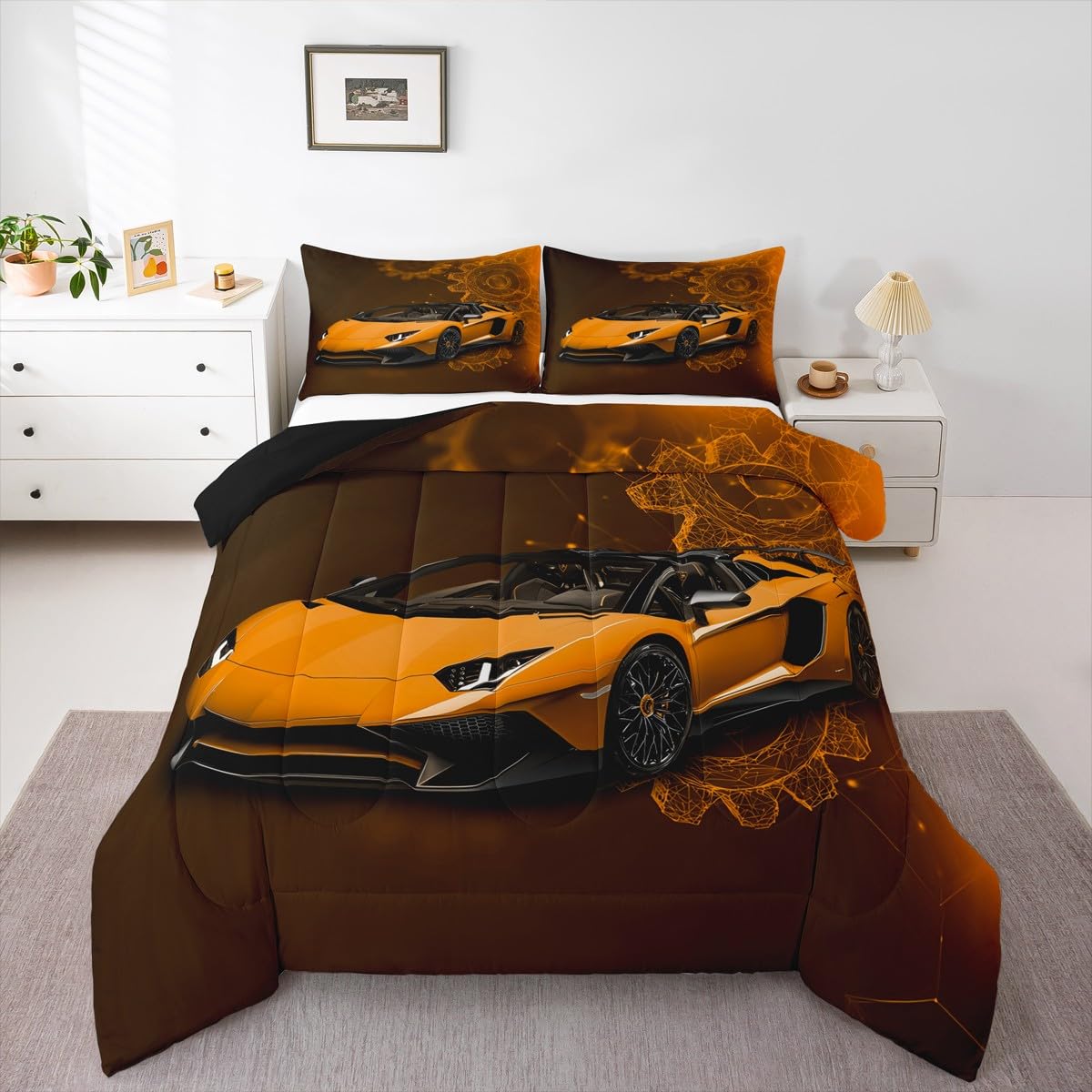 jejeloiu Speed Sports Car Comforter Set All Season Automobile Bedding Set with 1 Pillow Cases Ndustrial Gear Microfiber Kids Twin Bedclothes Bedroom Decor Duvet Quilt Breathable Soft Lightweight