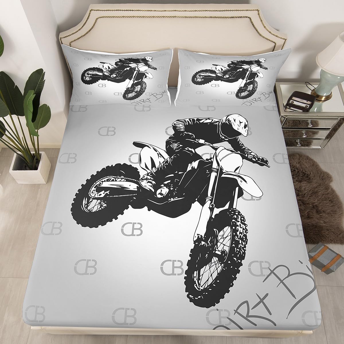 Feelyou Extreme Sports Fitted Sheet Motocross Rider Bedding Set Motorcycle Pattern Design Bed Sheet Set for Boys Kids Room Decor Gray Dirt Bike Bed Cover Twin Size with 1 Pillow Case