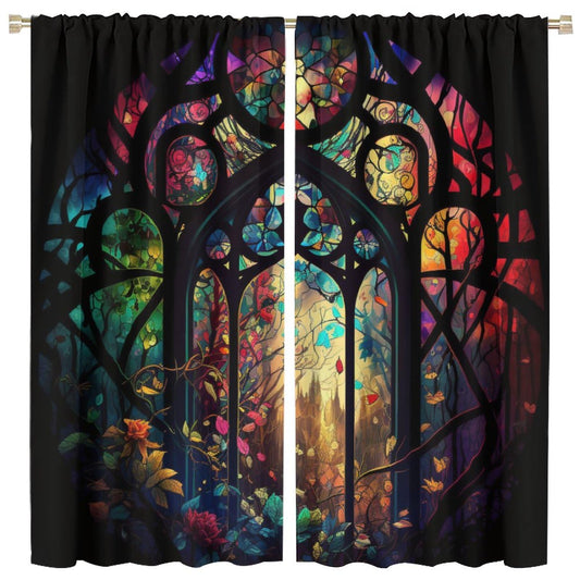 BenYaSong Castle Window Curtain, Arched Door Through Fairy Tale Forest, 2 Panels, 42x45 Inch, Blackout, Rustic Abstract Medieval Gothic