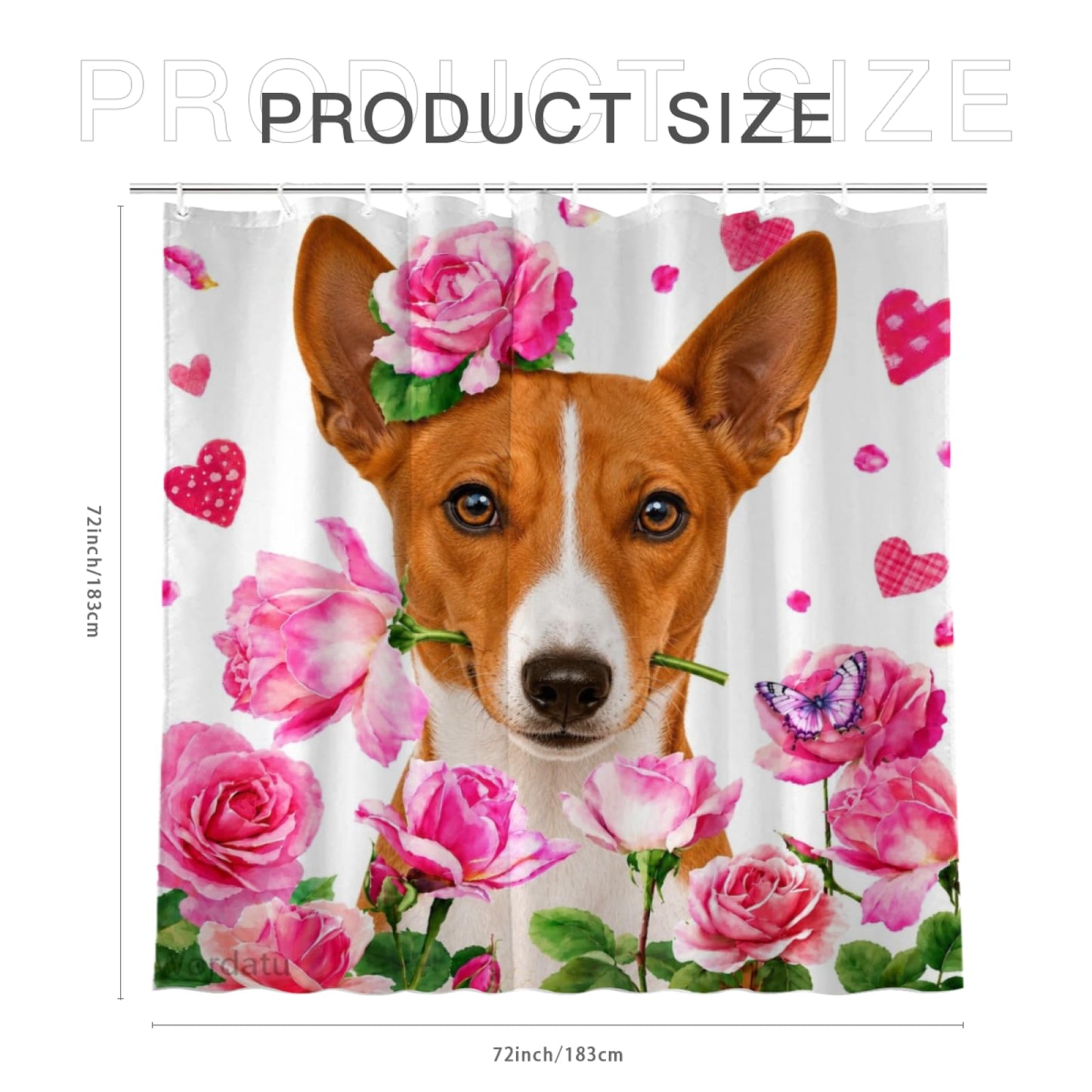 Wordatu Spring Summer Basenji Rose Shower Curtain, Bathroom Decor Fabric Polyester Waterproof 12 Hooks 72Wx72H Inch for Bathtub and Bathroom