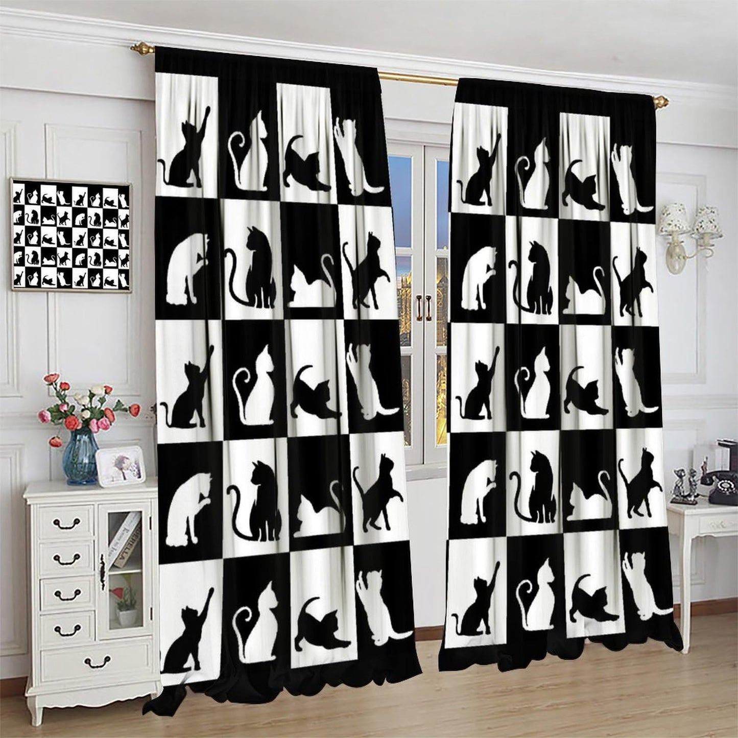 JADERYS Cat Blackout Curtains Modern Black White Cat Silhouettes Cute Funny Animal Farmhouse Rustic Kids Girls Boys Bedroom Living Room Kitchen Rod Pocket Decoration Window Drapes 2 Panels W21xL45in
