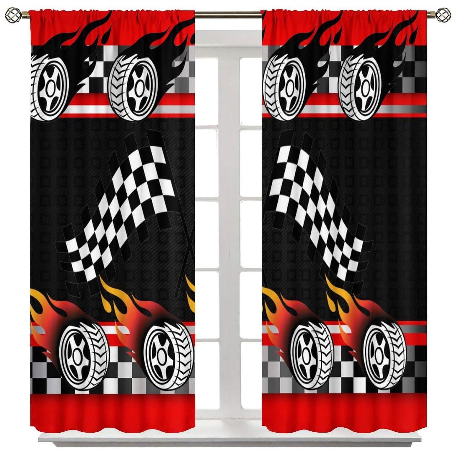 ICMOLYYENLO Racing Kids Curtains Boys Red Racing Bedroom Curtains Race Track Flag Pattern Living Room Curtains Set of 2 42x45 Inches