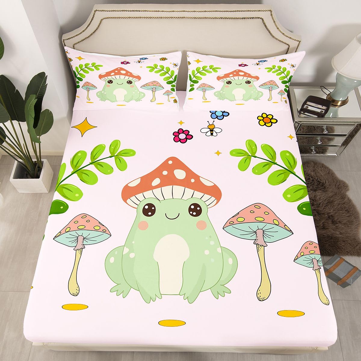 Feelyou Cute Frog Bedding Fitted Sheet Mushroom Bedding Sheets for Kids Boys Girls Natural Wild Fungus Bed Sheet Set Botanical Plants Bed Cover 1 Bed Sheet Set with 2 Pillowcases Full Size