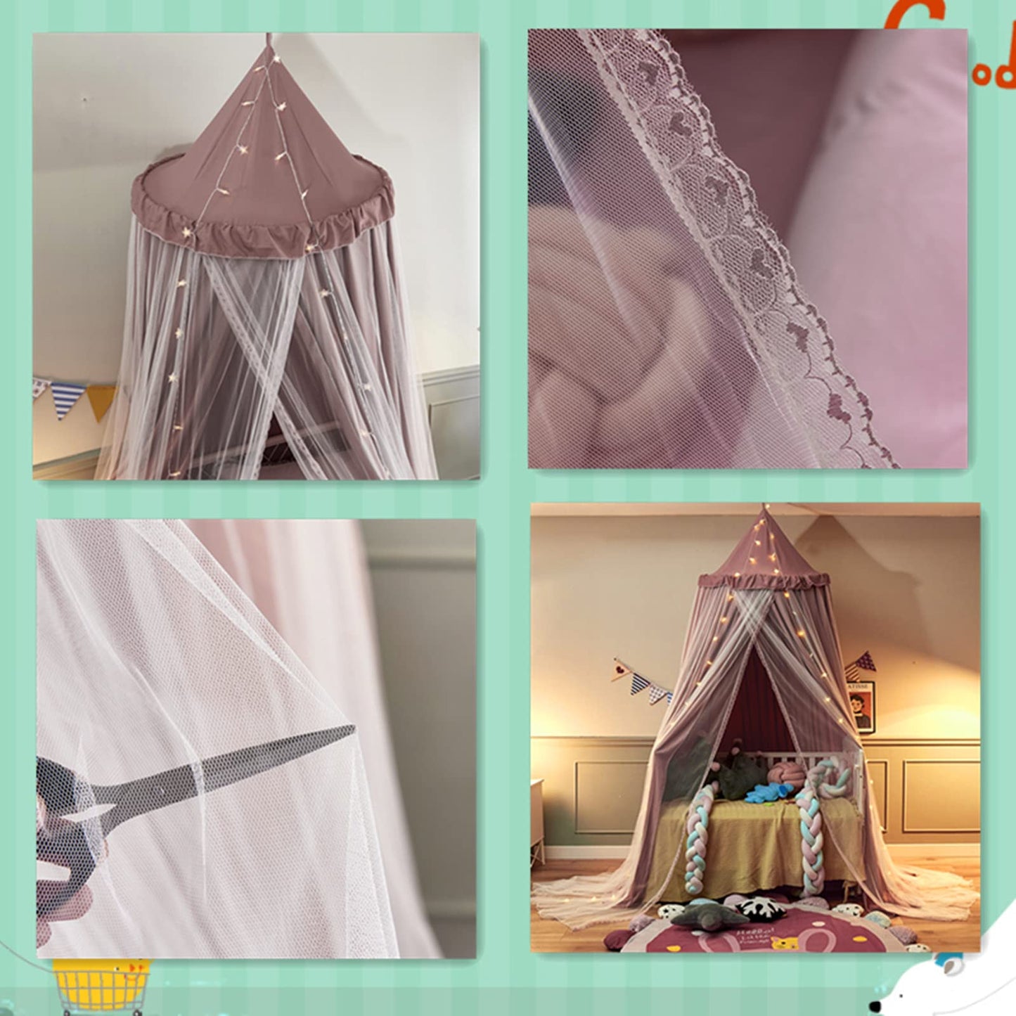 VETHIN Bed Canopy Double Layer Princess Round Dome Dreamy Mosquito Net Bedding Girls Room Castle Play Tent Hanging House Decor Reading Nook Canopies(Jujube Red/White)