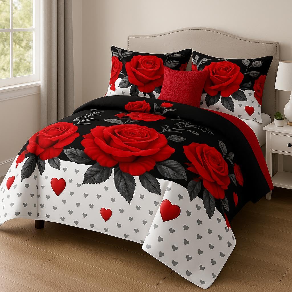 Elegant Red Rose Floral King Light Comforter Set, Luxury 9-Piece Bed in a Bag King Bedspread with Matching Curtains Ultra Soft & Breathable Botanical Bedding, All-Season Decor for Master Suite