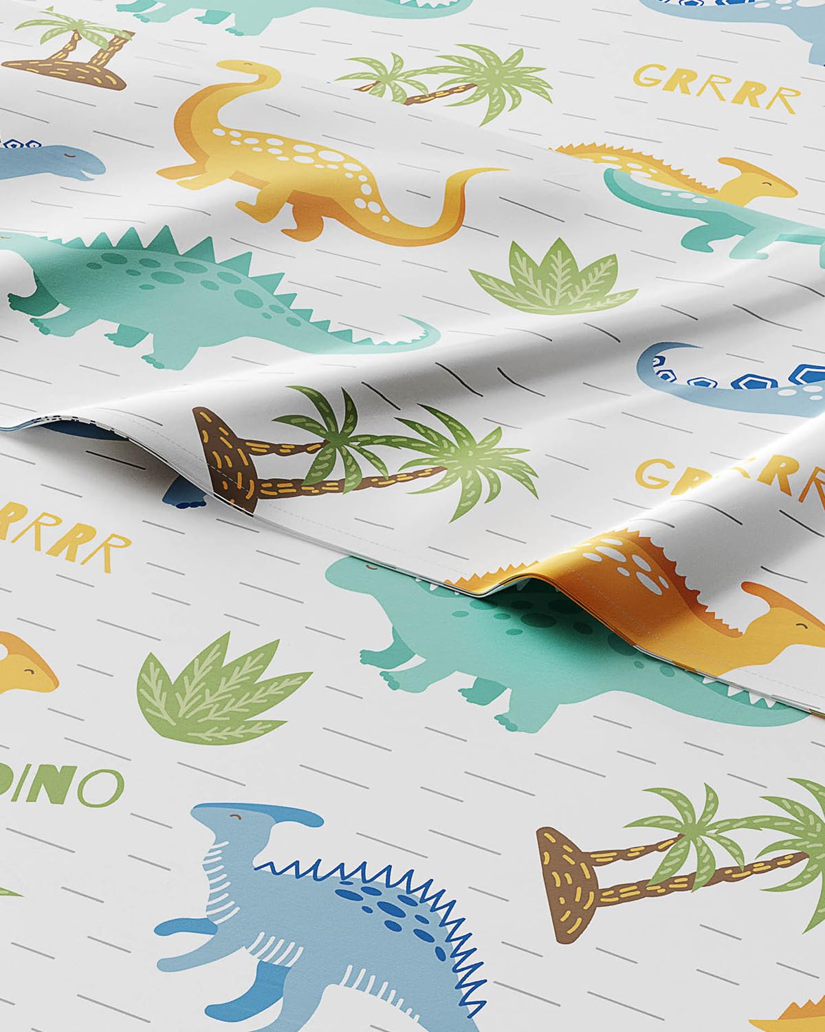 Kids Queen Size Bed Sheet Set - 4 Piece Kids Loft Bed Sheets - Colorful Dinosaur Dino Print Bedding - Soft - Breathable and Machine Washable - Dino Pattern Bed Set for Boys, Girls, Teens and Toddlers