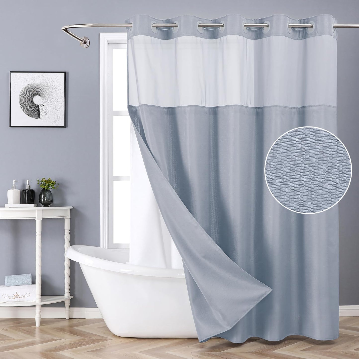 eachope Blue No Hook Shower Curtain with Snap-in Fabric Liner Set,Slub Textured Fabric Shower Curtains for Bathroom,Hotel Style Modern Shower Curtain,Water Repellent & Washable,71x74(72)