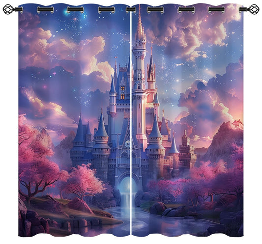 Magic Castle Blackout Curtains for Girls Boy Home Decor, Princess Castle Fairy Tale World Grommet Thermal Insulated Drapes Darkening Window Curtain for Bedroom Living Room, 42 x 45 Inch