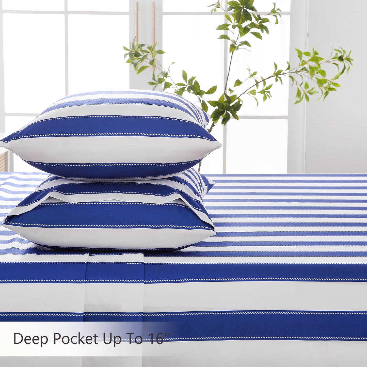 MCO 4Pieces Striped Sheets Set, Breathable King Sheet Set with 16" Deep Pocket,Modern & Luxury, Brushed Microfiber Bedding Set(King, Navy Blue)