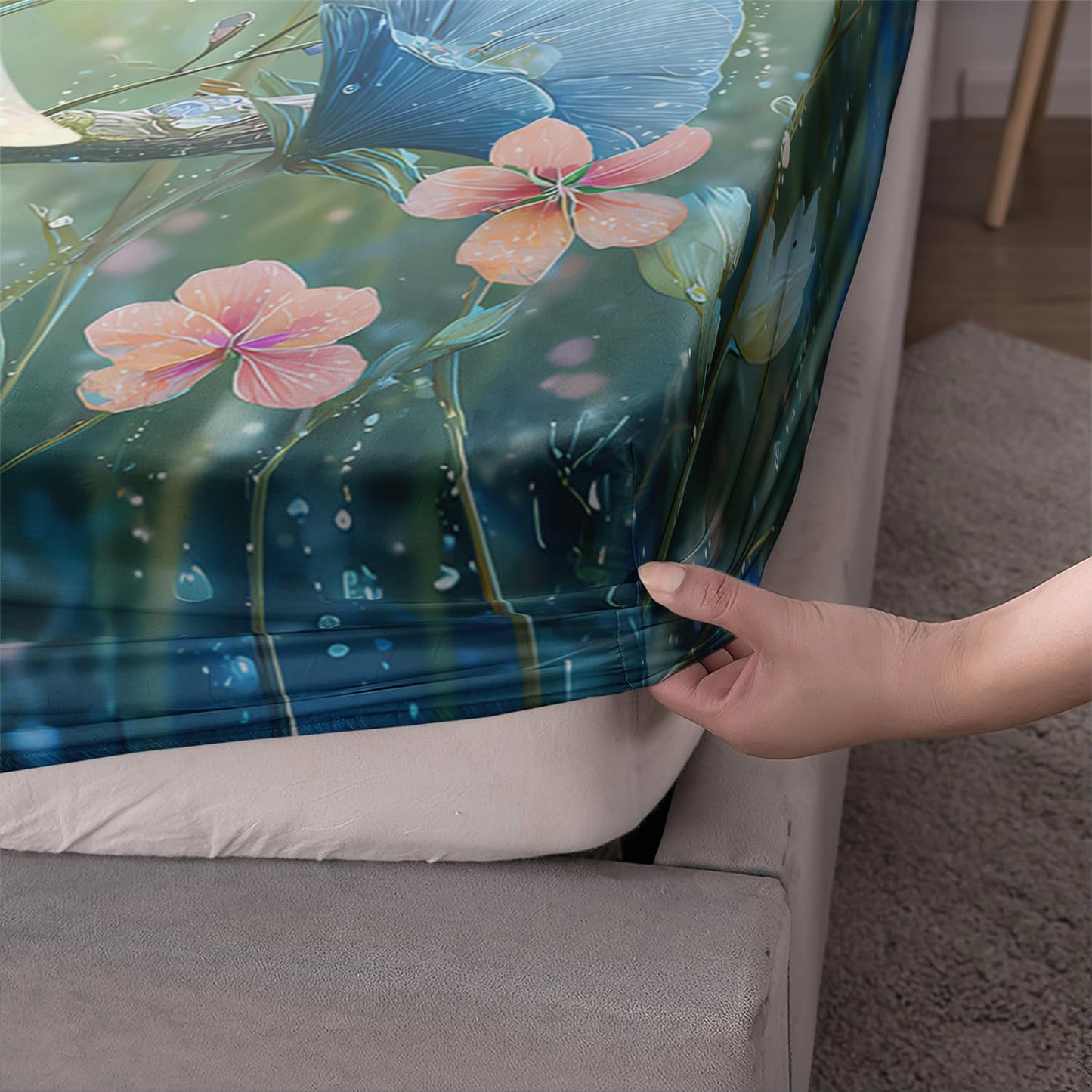 AILONEN Floral Fairy Twin XL Sheet Set,Pretty Green Butterfly Fairy Bedding Set for Girls Kids,Blue Flower Bed Sheets Set for All Season,3-Piece,1 Deep Pocket + 2 Pillowcase,Soft Microfiber