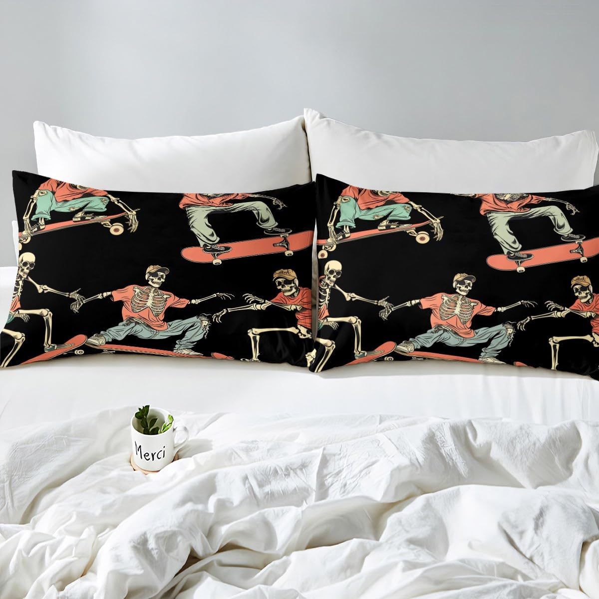 Skateboard Fitted Sheet Sugar Skull Sheet Set Hip Hop Style Bedding Set For Kids Teen Boys Skateboarding Actions Hippie Bed Cover With 1 Pillow Case Twin Size Orange Black Child Room Decor