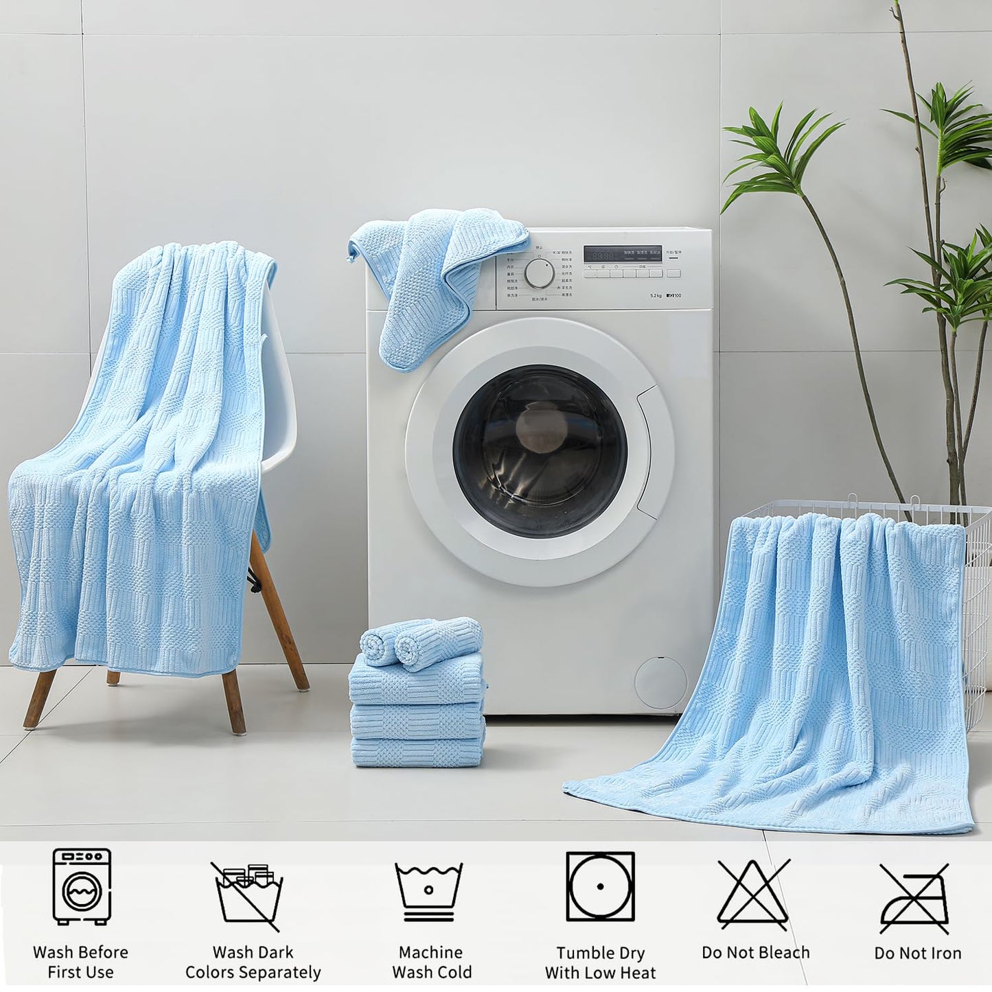 18 Pcs Blue Woven Family Towels Set-6 Bath Sheets,6 Hand Towels,6 Washcloths Soft Microfiber Towels Absorbent Shower Towel Quick Dry Beach Chair Towel Lint Less Towels Set for Bathroom Spa Gym Hotel