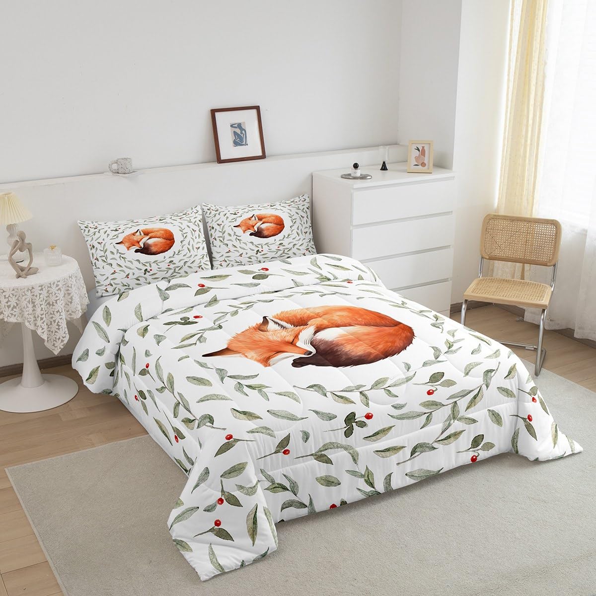 Manfei Lovely Fox Comforter Set Queen Size, Cartoon Animal Theme Quilt Set with 2 Pillowcases, Botanical Floral Leaves Print Bedding Set 3pcs for Kids Boys Girls Bedroom Decor