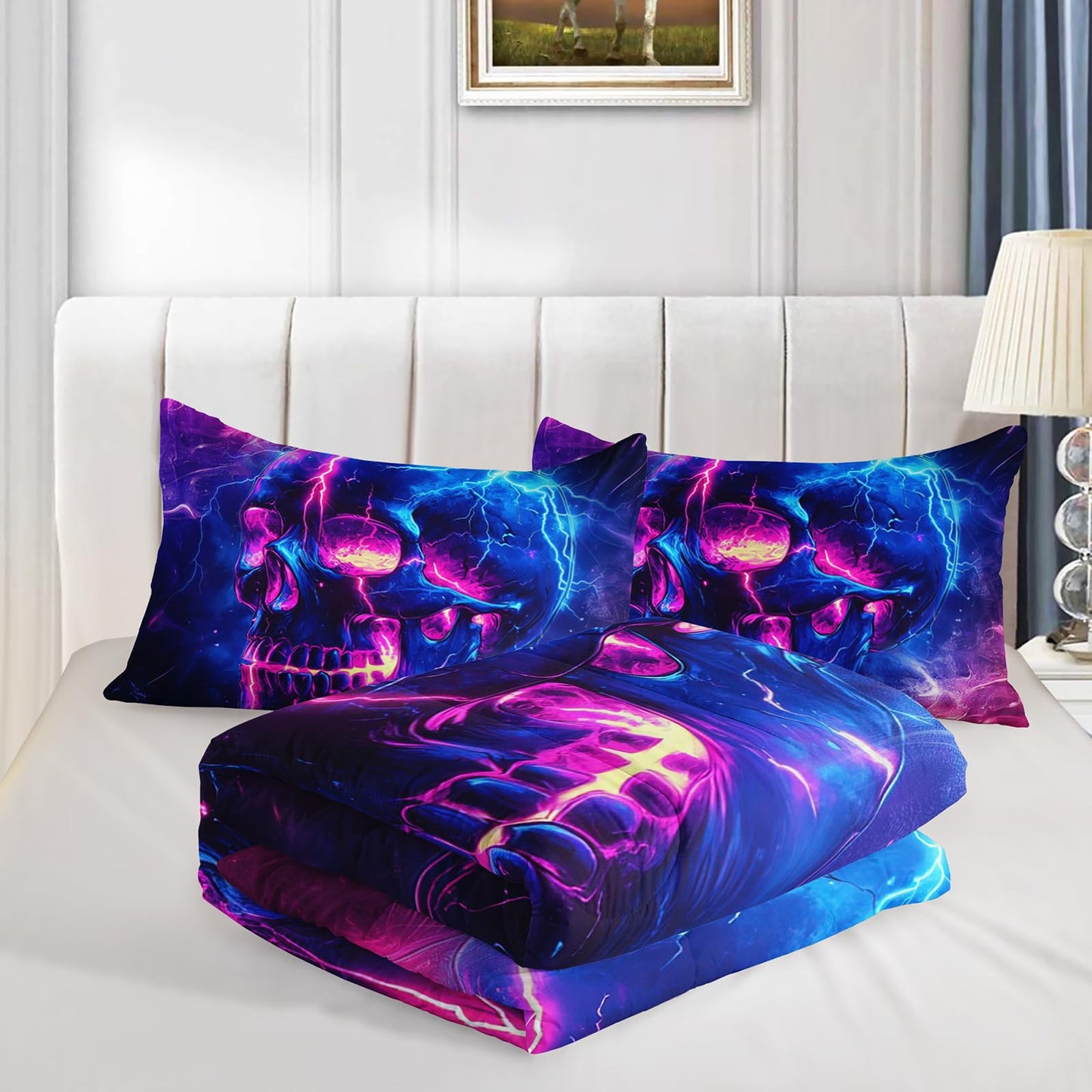 QOOMO 3Pcs Gothic Skull Comforter Set Twin,Skeleton Bedding Set for Teens Boys Girls,Purple Galaxy Printed Comforter with 2 Pillowcases,Down Alternative,Soft and Lightweight