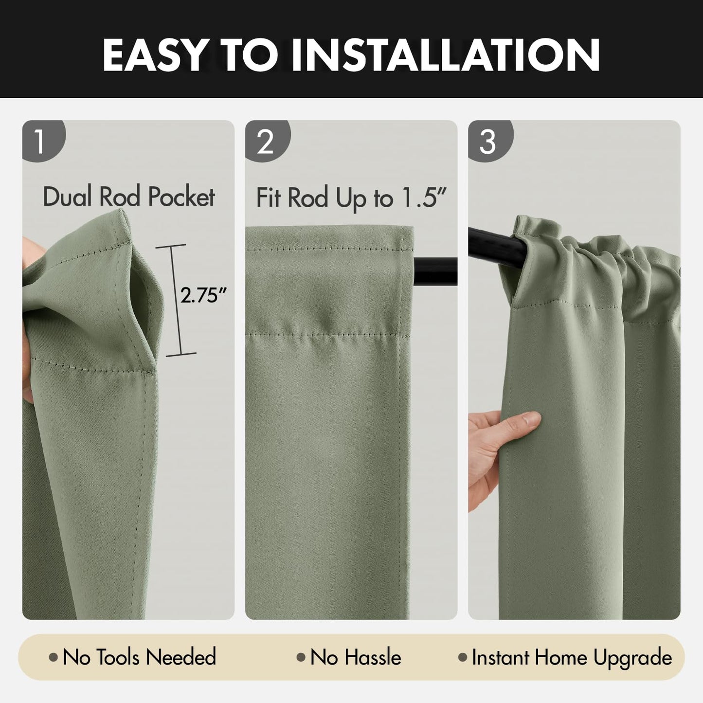MIULEE Blackout Curtains 4 Panels Sets Sage Green 63 Inch Length, Top and Bottom Rod Pocket Room Darkening Curtains for Bedroom Windows, 4 Pack Solid Thermal Insulated Light Blocking Curtain Drapes