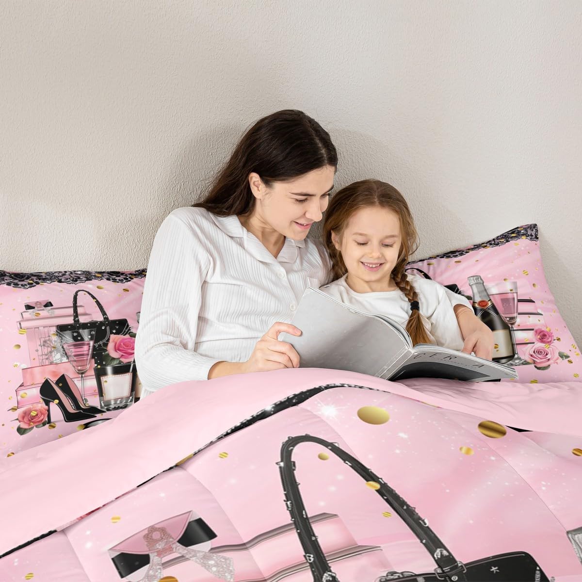 Erosebridal Fashion Women King Bedding Set Modern Pink Girly Comforter for Girls Kids Teens Magazine Book Rose Flower Down Comforter High Heel Makeup Perfume Duvet Insert